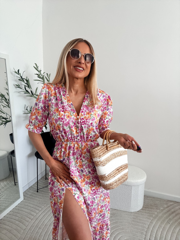 MELANIA - SUKIENKA MIDI POMARAŃCZ W MALE KWIATKI 2
