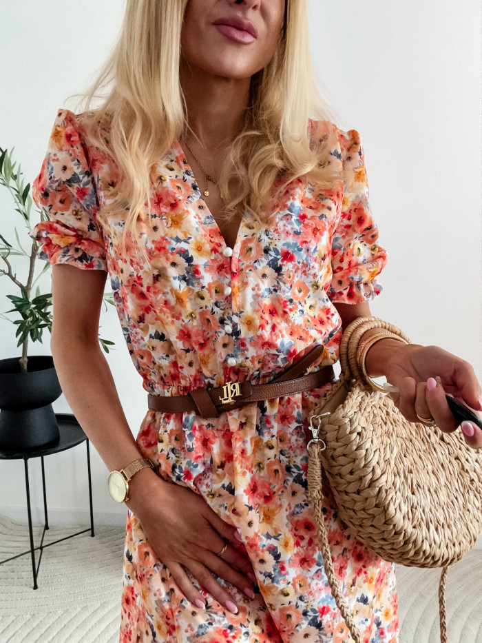 MELANIA- SUKIENKA MIDI POMARAŃCZOWA W ZÓŁTE KWIATY 6