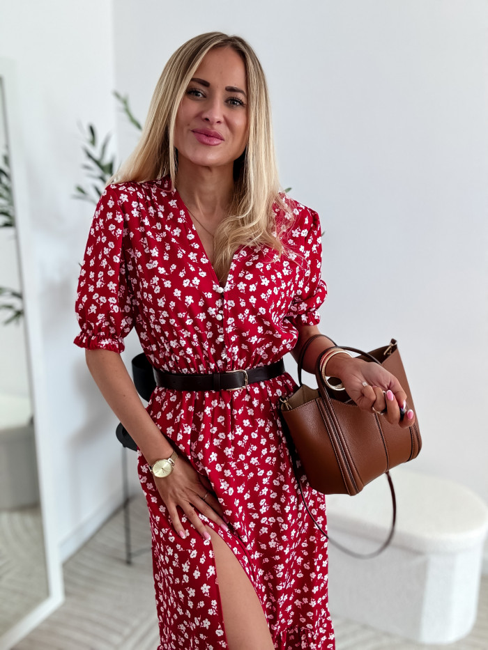MELANIA -SUKIENKA MIDI CZERWONA W BIAŁE KWIATKI 8