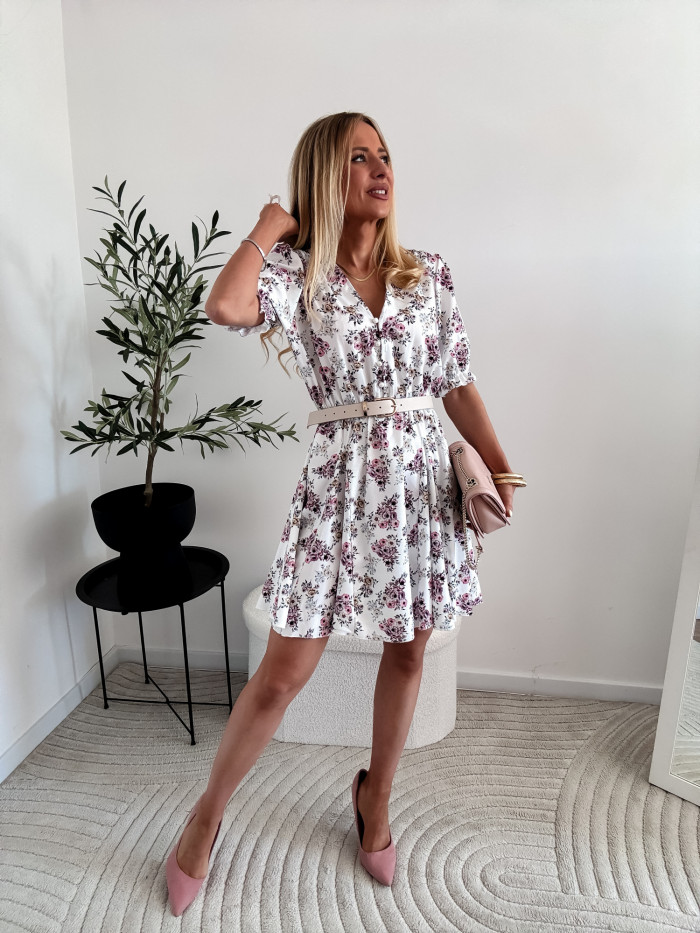 EMILY- SUKIENKA MINI ROZKLOSZOWANA BIAŁA W PUDROWE KWIATY 2
