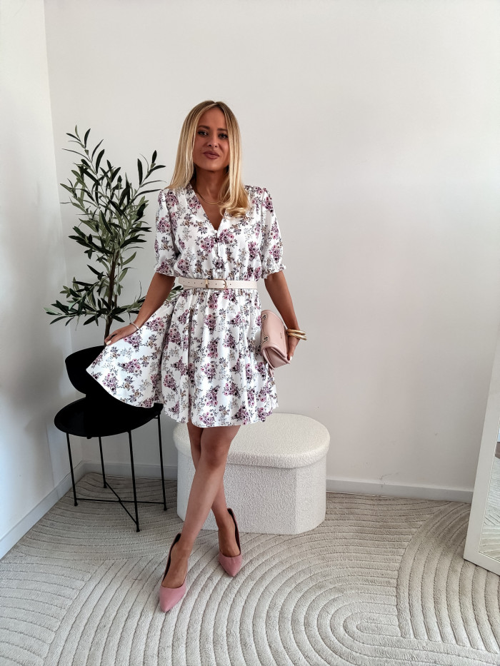 EMILY- SUKIENKA MINI ROZKLOSZOWANA BIAŁA W PUDROWE KWIATY 5