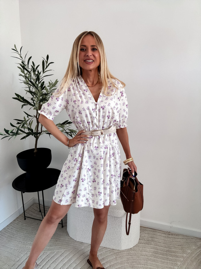 EMILY -SUKIENKA MINI ROZKLOSZOWANA ECRU W FIOLETOWE KWIATKI 1