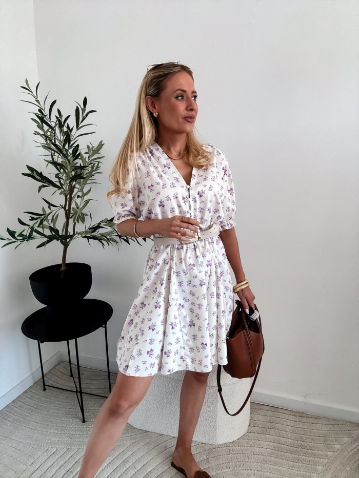 EMILY -SUKIENKA MINI ROZKLOSZOWANA ECRU W FIOLETOWE KWIATKI 2