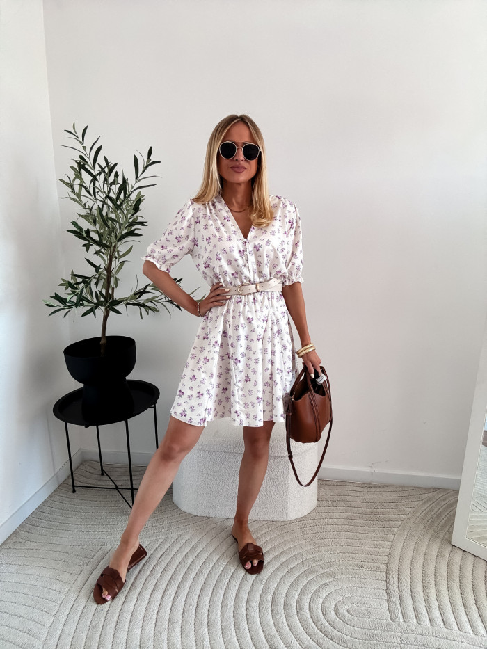 EMILY -SUKIENKA MINI ROZKLOSZOWANA ECRU W FIOLETOWE KWIATKI 5