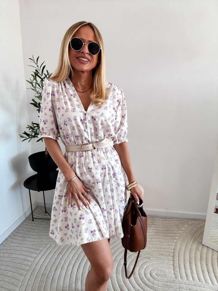 EMILY -SUKIENKA MINI ROZKLOSZOWANA ECRU W FIOLETOWE KWIATKI 6