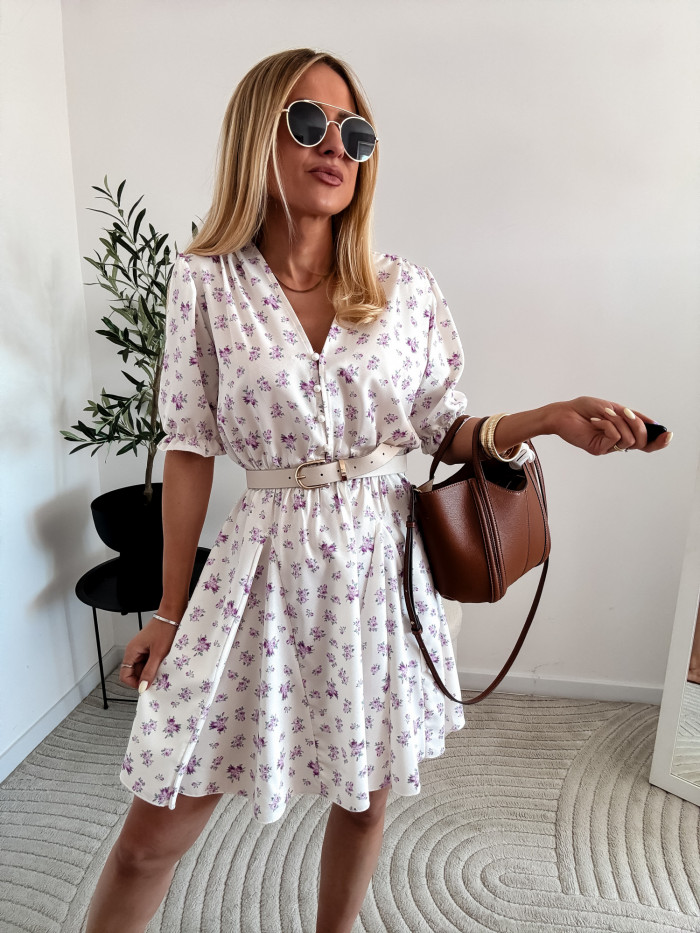 EMILY -SUKIENKA MINI ROZKLOSZOWANA ECRU W FIOLETOWE KWIATKI 7