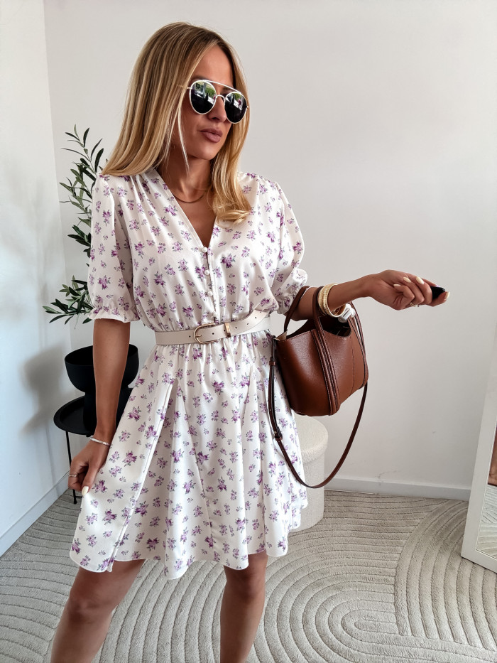 EMILY -SUKIENKA MINI ROZKLOSZOWANA ECRU W FIOLETOWE KWIATKI