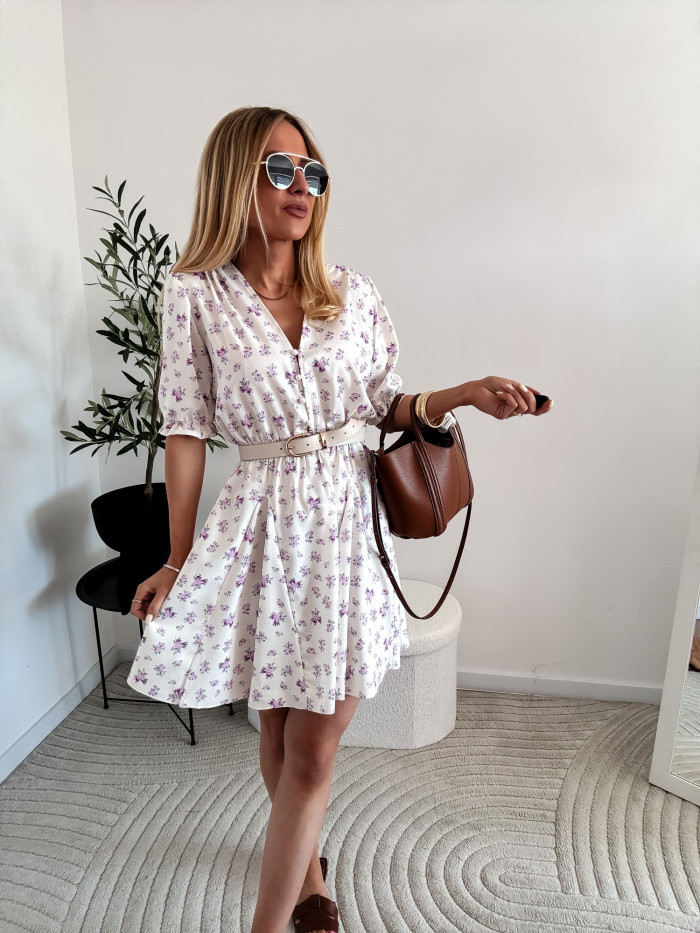 EMILY -SUKIENKA MINI ROZKLOSZOWANA ECRU W FIOLETOWE KWIATKI 8