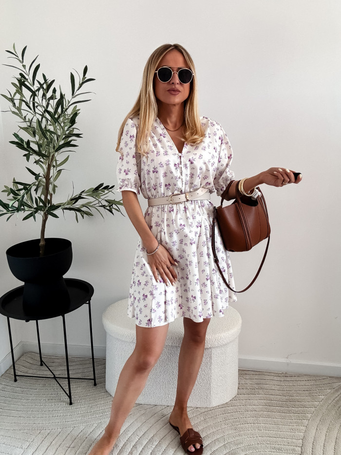 EMILY -SUKIENKA MINI ROZKLOSZOWANA ECRU W FIOLETOWE KWIATKI 9