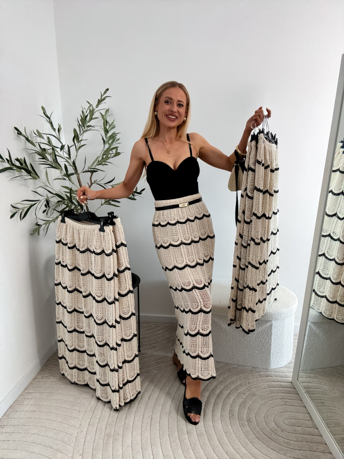 SPÓDNICA AŻUROWA BOHO BEŻOWO CZARNA 2