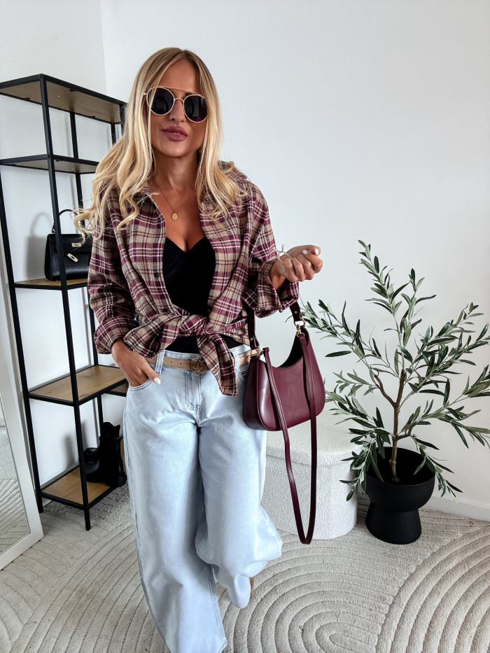 ELENA - KOSZULA W RÓŻOWO BRĄZOWĄ KRATE 100% BAWEŁNA