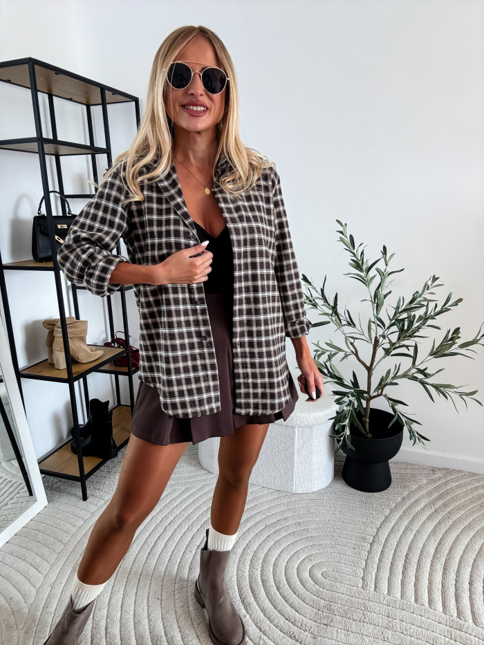 ELENA- KOSZULA W KRATĘ BEŻOWO BRĄZOWA 100% BAWEŁNA 8