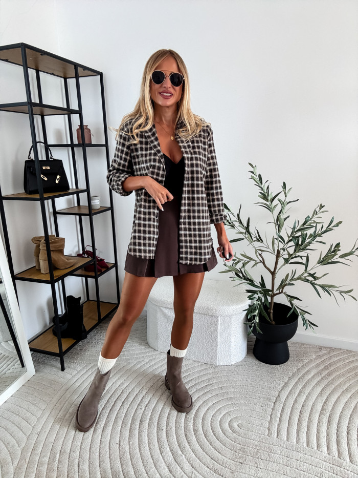 ELENA- KOSZULA W KRATĘ BEŻOWO BRĄZOWA 100% BAWEŁNA 13