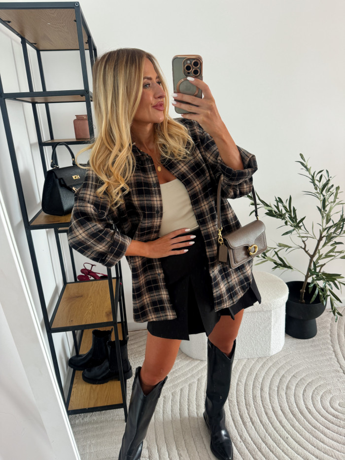 ELENA- KOSZULA W MAŁA KRATĘ BRĄZOWO BIAŁĄ 100% BAWEŁNA 11