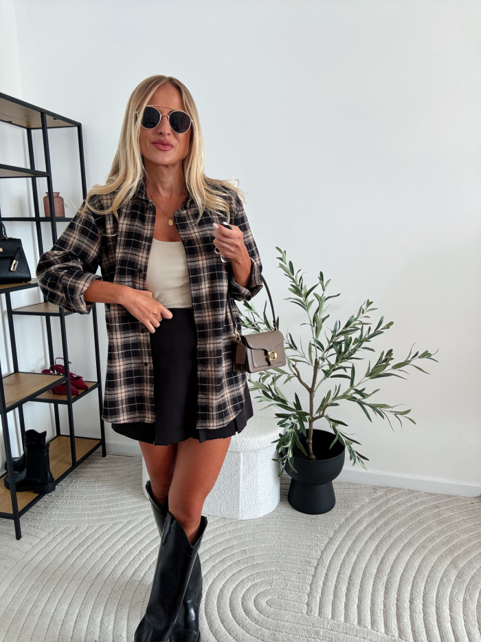 ELENA- KOSZULA W MAŁA KRATĘ BRĄZOWO BIAŁĄ 100% BAWEŁNA 12