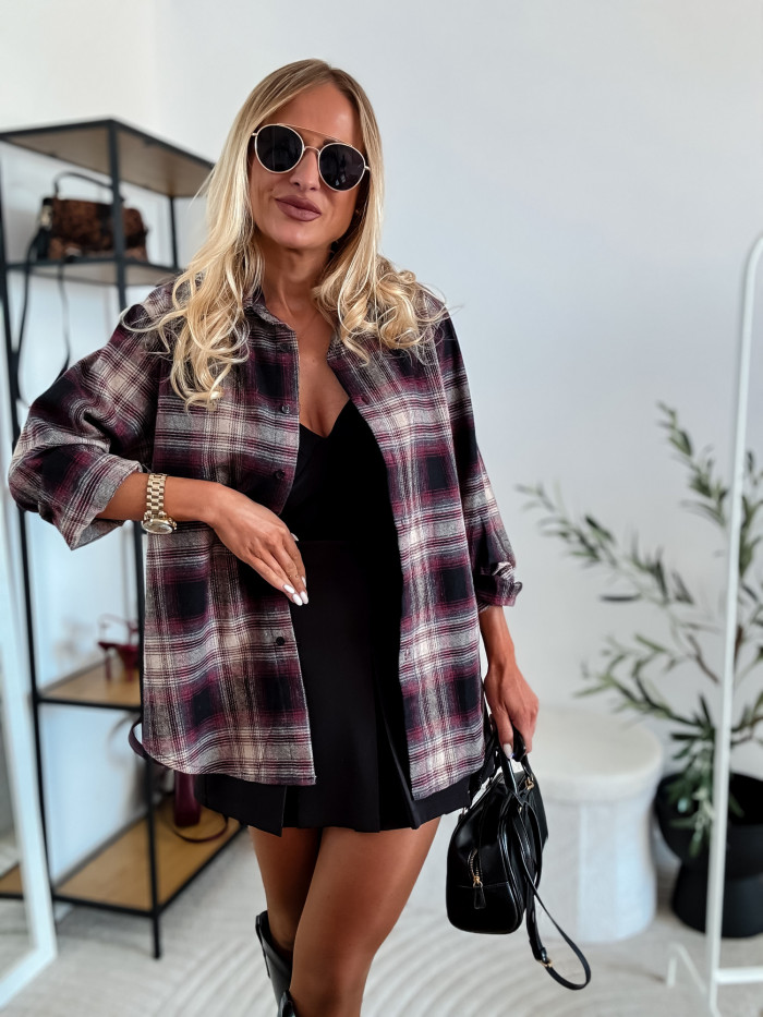 ELENA - KOSZULA W ŚLIWKOWĄ KRATE 100% BAWEŁNA