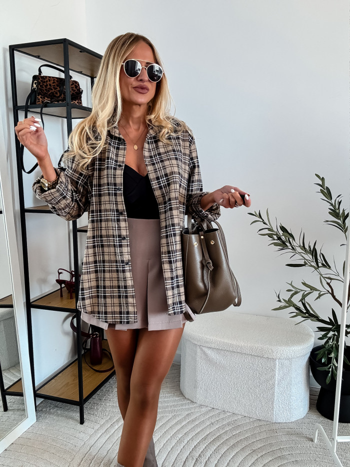 ELENA - KOSZULA W BEŻOWĄ KRATE 100% BAWEŁNA 3
