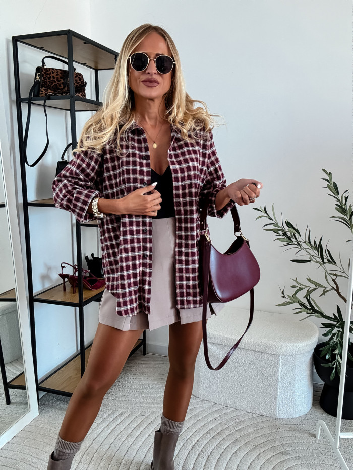 ELENA- KOSZULA W BORDOWĄ MAŁĄ KRATE 100% BAWEŁNA 2