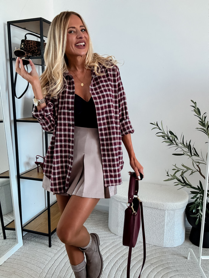ELENA- KOSZULA W BORDOWĄ MAŁĄ KRATE 100% BAWEŁNA 3