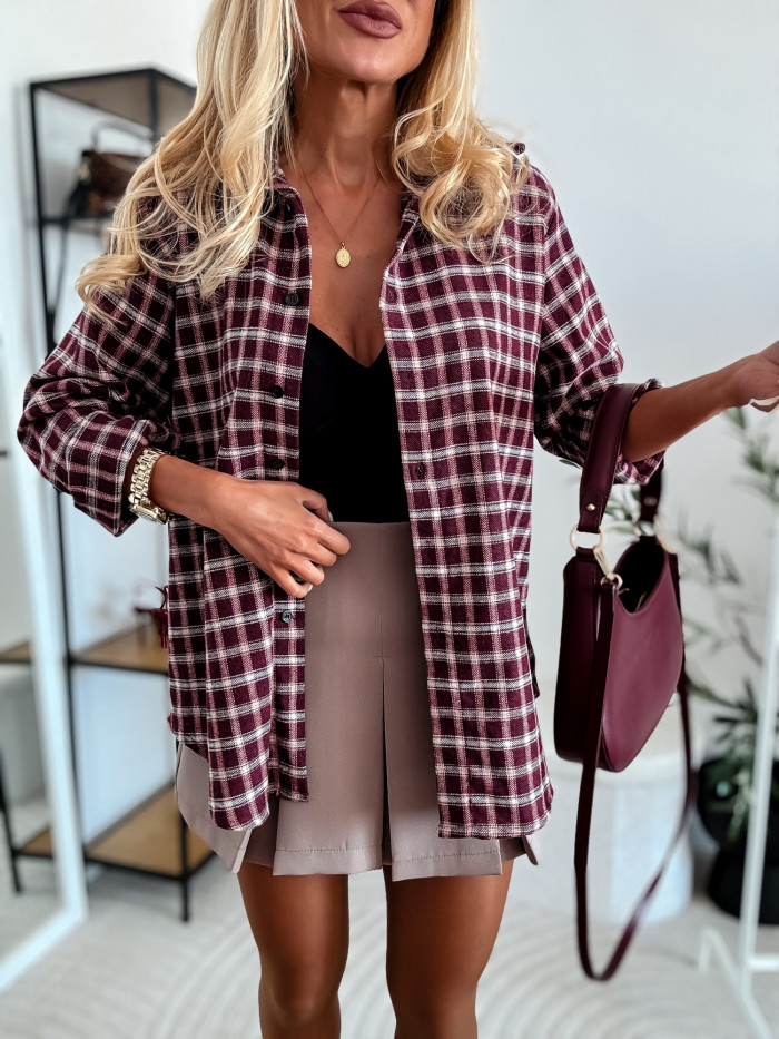 ELENA- KOSZULA W BORDOWĄ MAŁĄ KRATE 100% BAWEŁNA 8