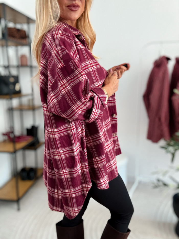 KOSZULA DALIA LONG 80% BAWEŁNA BORDOWO BIAŁA KRATA 4