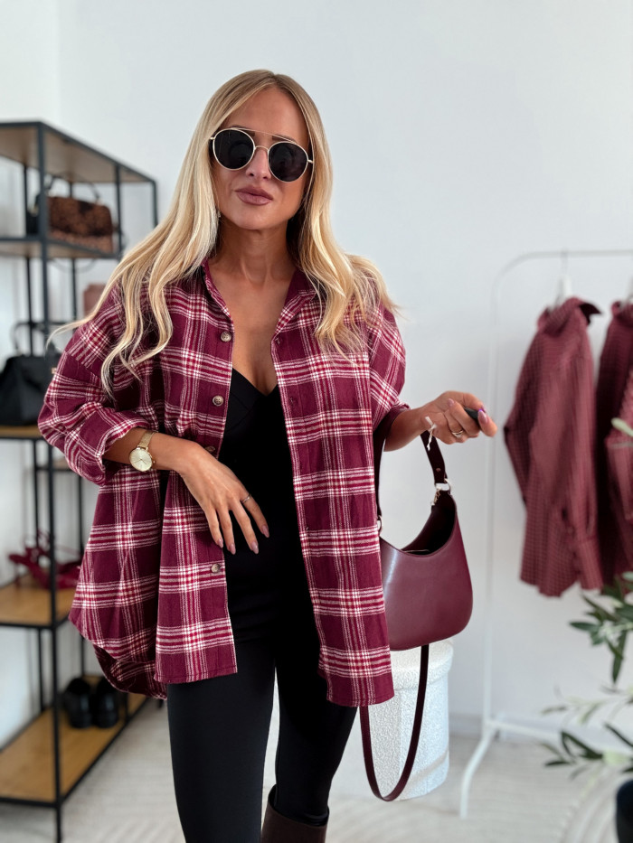 KOSZULA DALIA LONG 80% BAWEŁNA BORDOWO BIAŁA KRATA 8