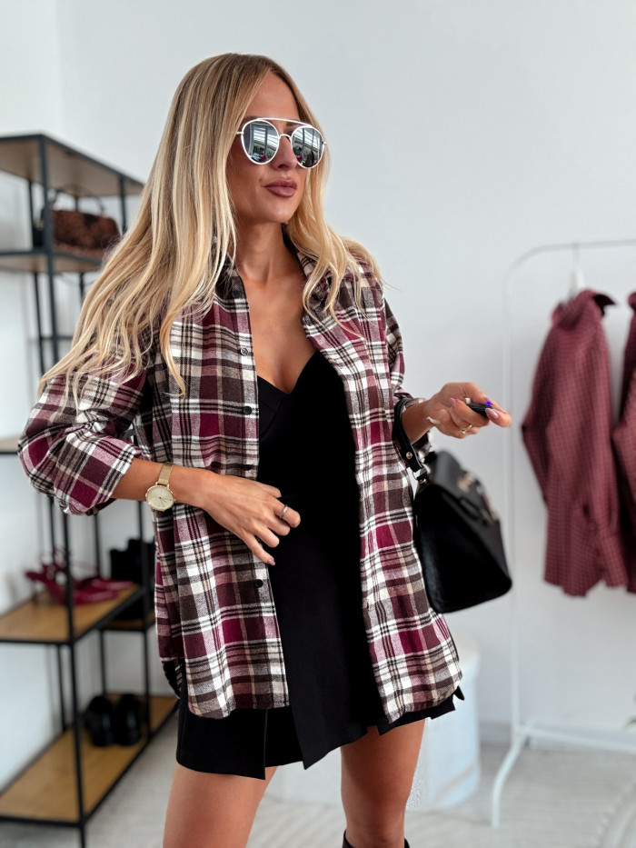 ELENA- KOSZULA W DUŻĄ KRATE BORDOWO BIAŁA 100% BAWEŁNA