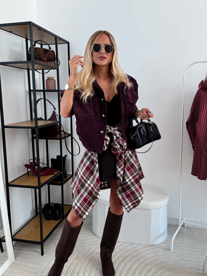 ELENA- KOSZULA W DUŻĄ KRATE BORDOWO BIAŁA 100% BAWEŁNA 10